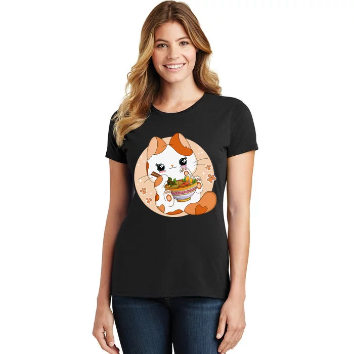 Kawaii Anime Cat Eating Ra Noodles Cute Cat Japanese Neko Women's T-Shirt