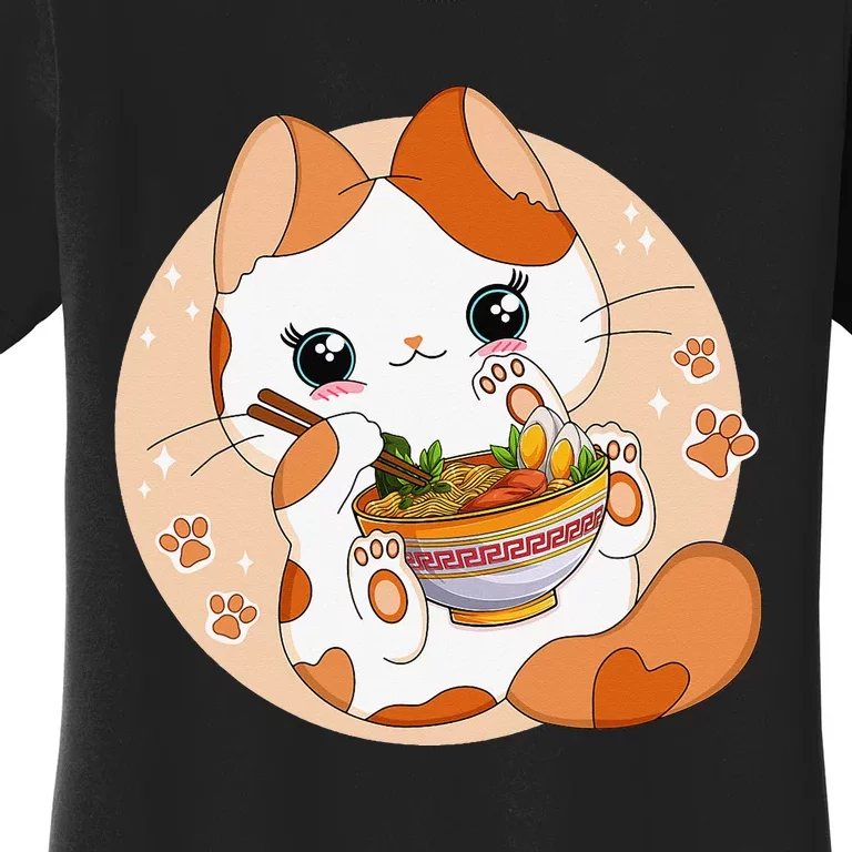 Kawaii Anime Cat Eating Ra Noodles Cute Cat Japanese Neko Women's T-Shirt