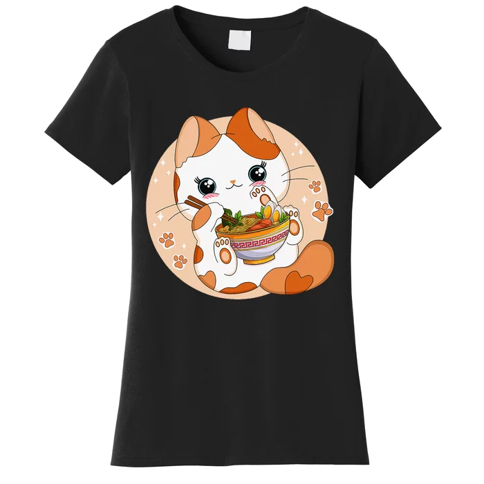 Kawaii Anime Cat Eating Ra Noodles Cute Cat Japanese Neko Women's T-Shirt