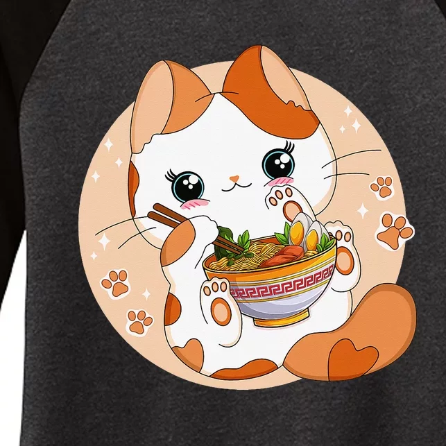 Kawaii Anime Cat Eating Ra Noodles Cute Cat Japanese Neko Women's Tri-Blend 3/4-Sleeve Raglan Shirt