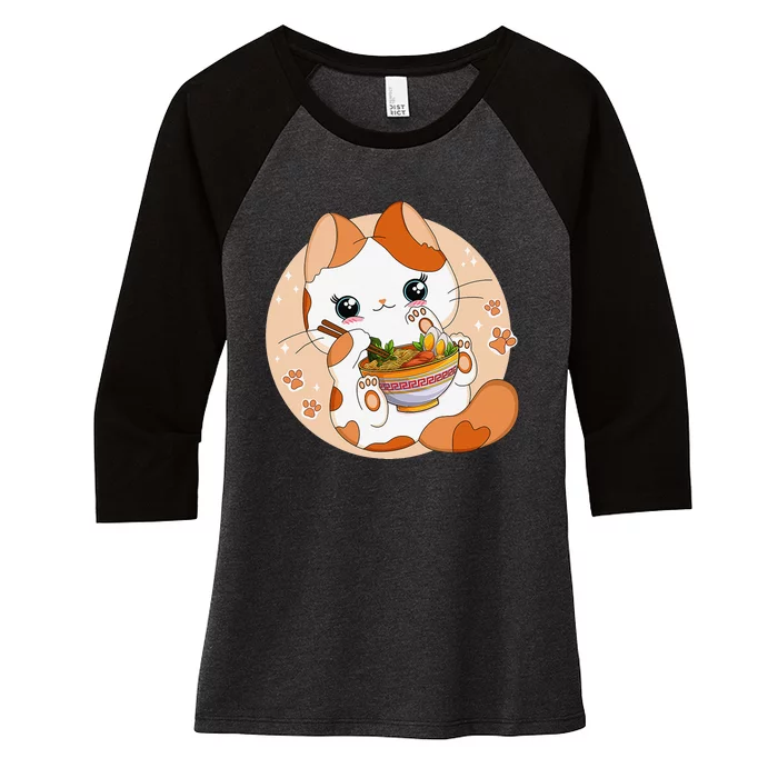 Kawaii Anime Cat Eating Ra Noodles Cute Cat Japanese Neko Women's Tri-Blend 3/4-Sleeve Raglan Shirt