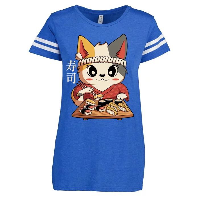 Kawaii Anime Cat Vintage Japanese Sushi Lover Cool Gift Enza Ladies Jersey Football T-Shirt