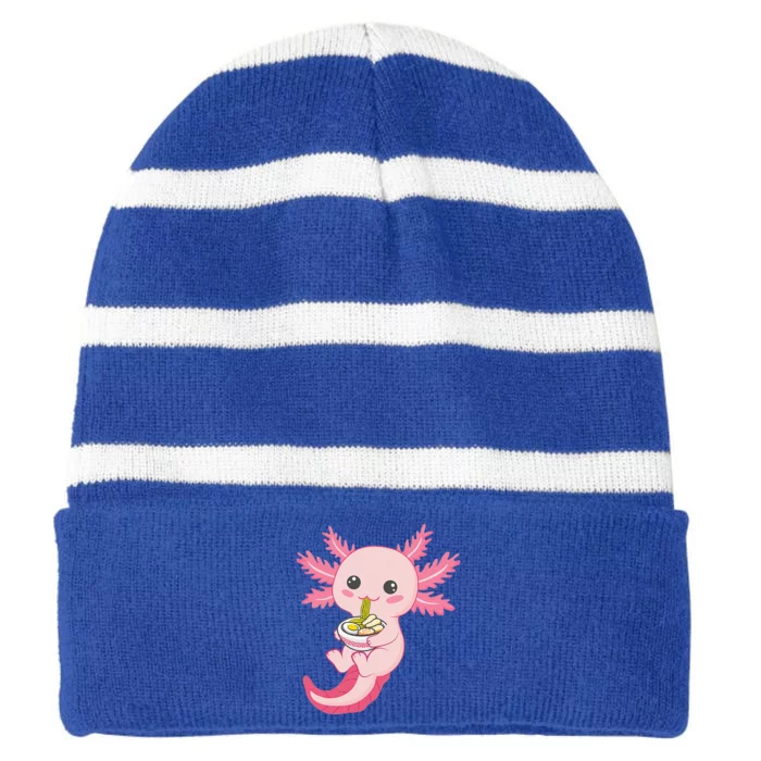 Kawaii Axolotl Eating Ramen Noodles Anime Striped Beanie with Solid Band