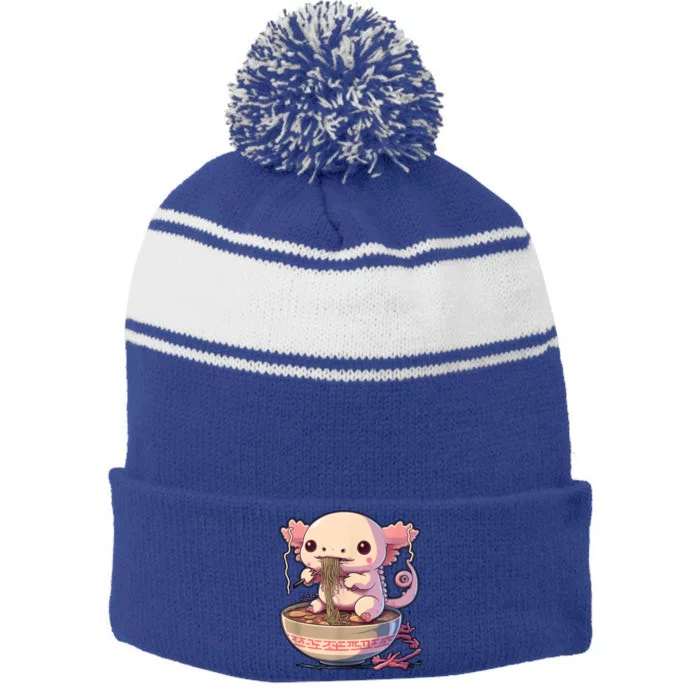 Kawaii Axolotl Eating Ramen Noodles Anime Gift Stripe Pom Pom Beanie