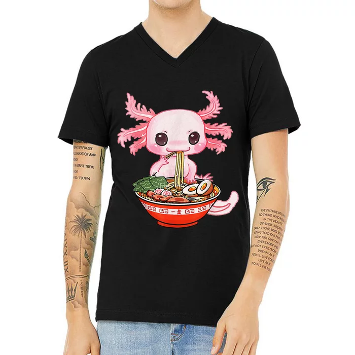 Kawaii Axolotl Eating Ra Noodles Anime Gift V-Neck T-Shirt