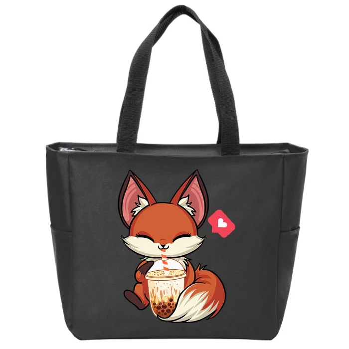 Kawaii Anime Fox Drinking Boba Bubble Tea Japanese Gift Girl Zip Tote Bag