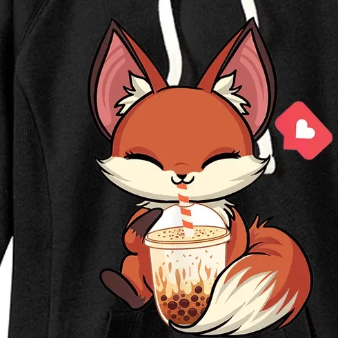 Kawaii Anime Fox Drinking Boba Bubble Tea Japanese Gift Women's Fleece Hoodie