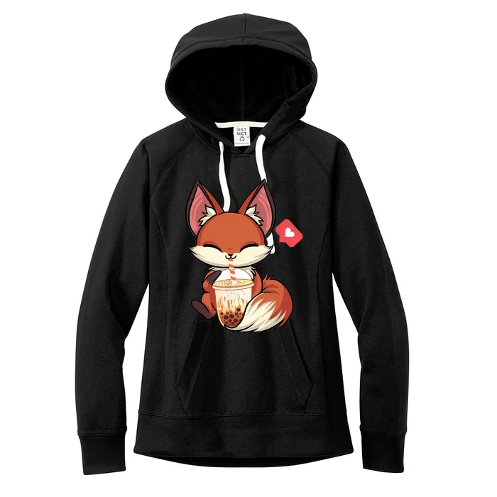 Kawaii Anime Fox Drinking Boba Bubble Tea Japanese Gift Women's Fleece Hoodie