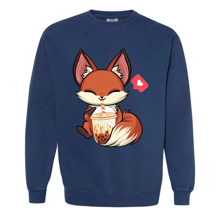 Kawaii Anime Fox Drinking Boba Bubble Tea Japanese Gift Garment-Dyed Sweatshirt