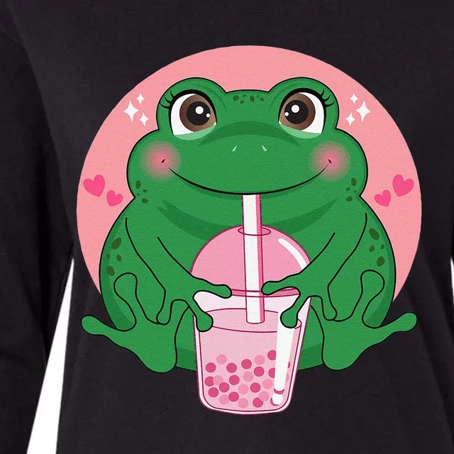 Kawaii Anime Frog Drinking Boba Tea Bubble Tea Cute Japanese Womens Cotton Relaxed Long Sleeve T-Shirt