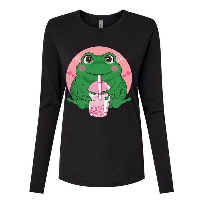 Kawaii Anime Frog Drinking Boba Tea Bubble Tea Cute Japanese Womens Cotton Relaxed Long Sleeve T-Shirt