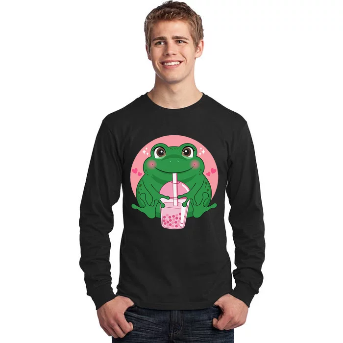 Kawaii Anime Frog Drinking Boba Tea Bubble Tea Cute Japanese Tall Long Sleeve T-Shirt