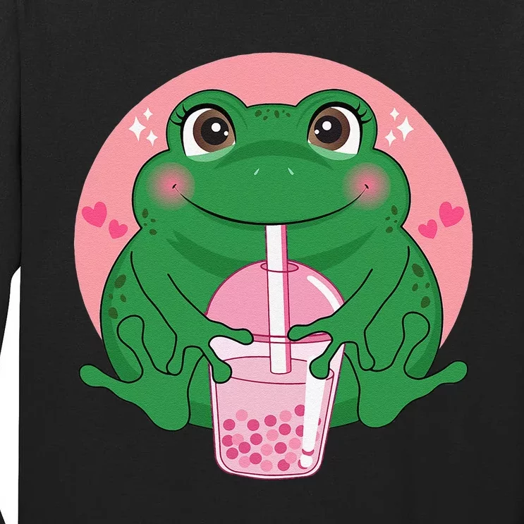 Kawaii Anime Frog Drinking Boba Tea Bubble Tea Cute Japanese Tall Long Sleeve T-Shirt