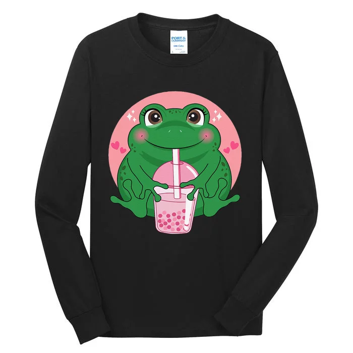 Kawaii Anime Frog Drinking Boba Tea Bubble Tea Cute Japanese Tall Long Sleeve T-Shirt