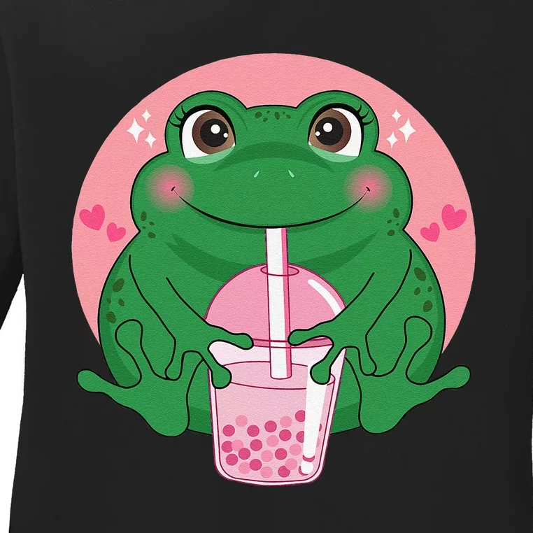 Kawaii Anime Frog Drinking Boba Tea Bubble Tea Cute Japanese Ladies Long Sleeve Shirt