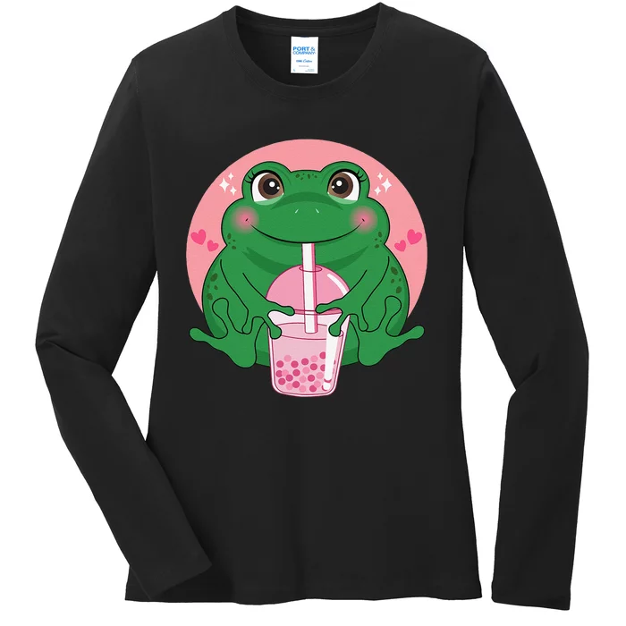 Kawaii Anime Frog Drinking Boba Tea Bubble Tea Cute Japanese Ladies Long Sleeve Shirt