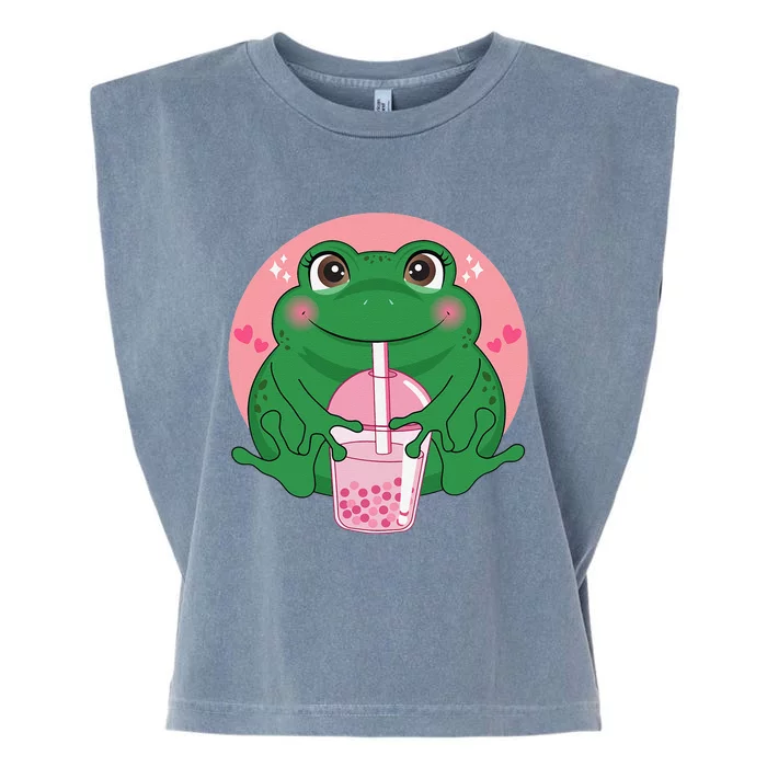 Kawaii Anime Frog Drinking Boba Tea Bubble Tea Cute Japanese Garment-Dyed Women's Muscle Tee