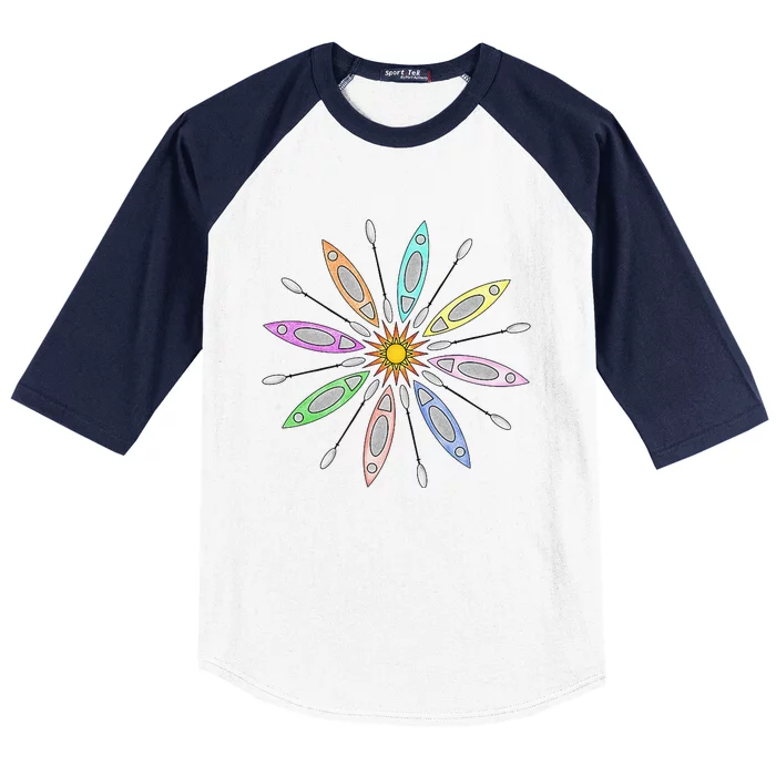 Kayaks and Paddles Around the Sun Kayakers Mandala Design Baseball Sleeve Shirt