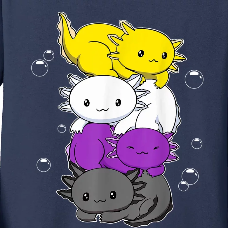 Kawaii Axolotl Pile Nonbinary Flag LGBTQ Kids Long Sleeve Shirt