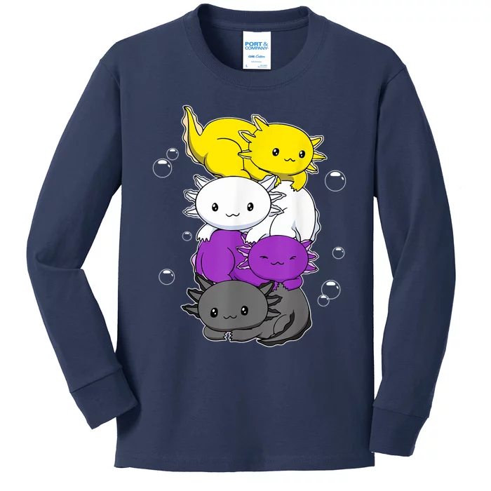 Kawaii Axolotl Pile Nonbinary Flag LGBTQ Kids Long Sleeve Shirt