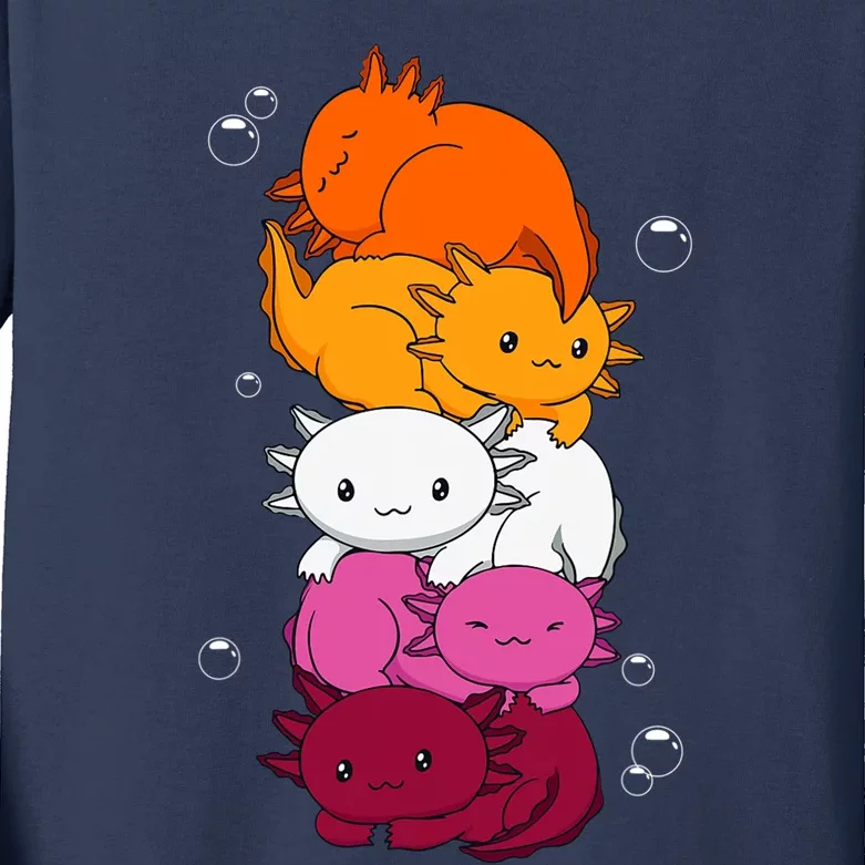 Kawaii Axolotl Pile Lesbian Pride Flag LGBTQ Kids Long Sleeve Shirt