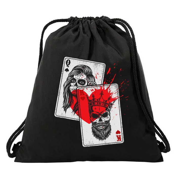 King and Queen Skull and Catrina Playing Cards Couple Drawstring Bag