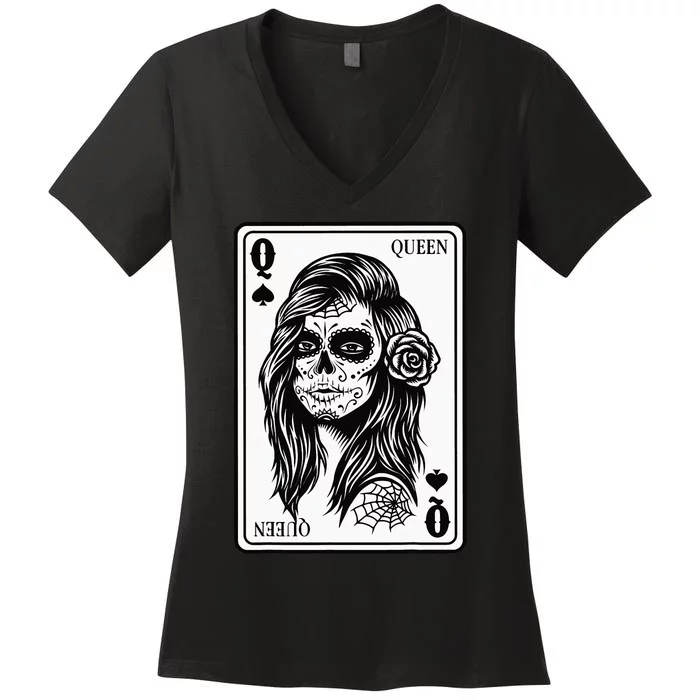 King And Queen Skull 12 Card Hearts Flush Couple Matching Women's V-Neck T-Shirt