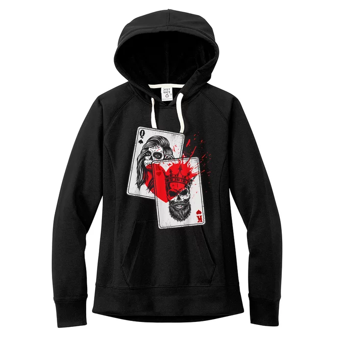 King And Queen Skull And Catrina Playing Cards Couple Women's Fleece Hoodie