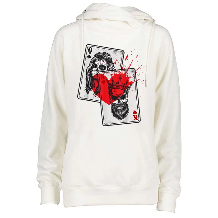 King And Queen Skull And Catrina Playing Cards Couple Womens Funnel Neck Pullover Hood