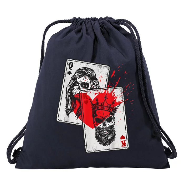 King And Queen Skull And Catrina Playing Cards Couple Drawstring Bag