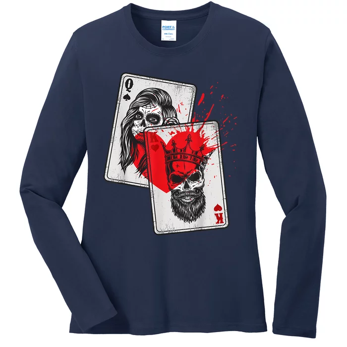 King And Queen Skull And Catrina Playing Cards Couple Ladies Long Sleeve Shirt