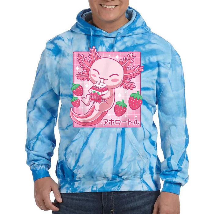 Kawaii Axolotl Strawberry Milk Shake Carton Japanese Anime Tie Dye Hoodie