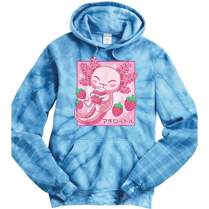 Kawaii Axolotl Strawberry Milk Shake Carton Japanese Anime Tie Dye Hoodie