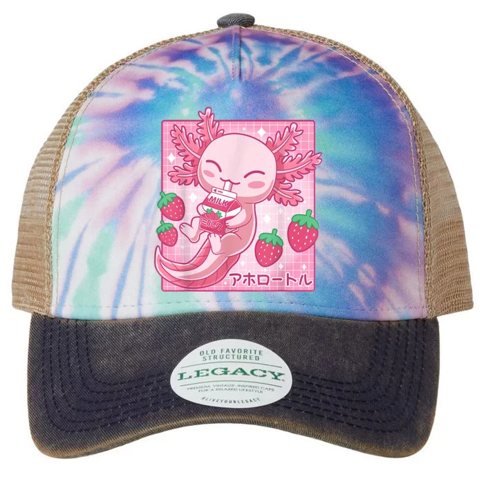 Kawaii Axolotl Strawberry Milk Shake Carton Japanese Anime Legacy Tie Dye Trucker Hat