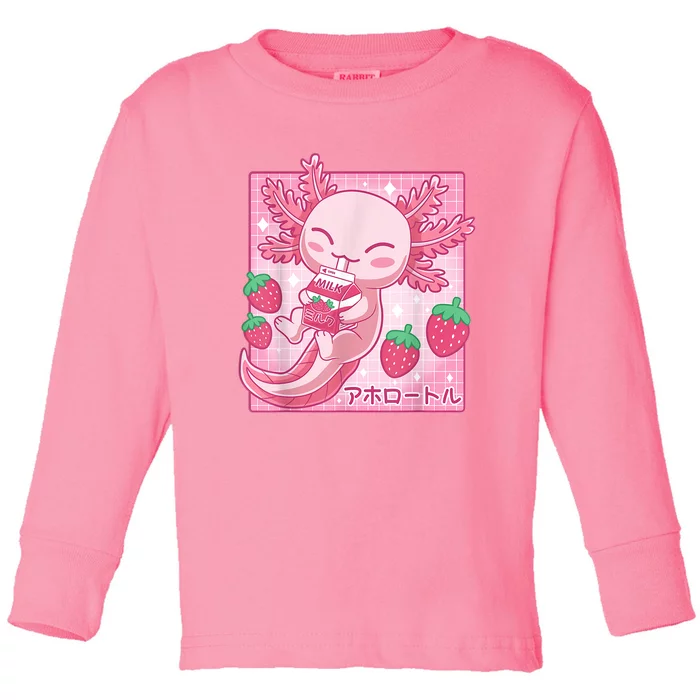 Kawaii Axolotl Strawberry Milk Shake Carton Japanese Anime Toddler Long Sleeve Shirt