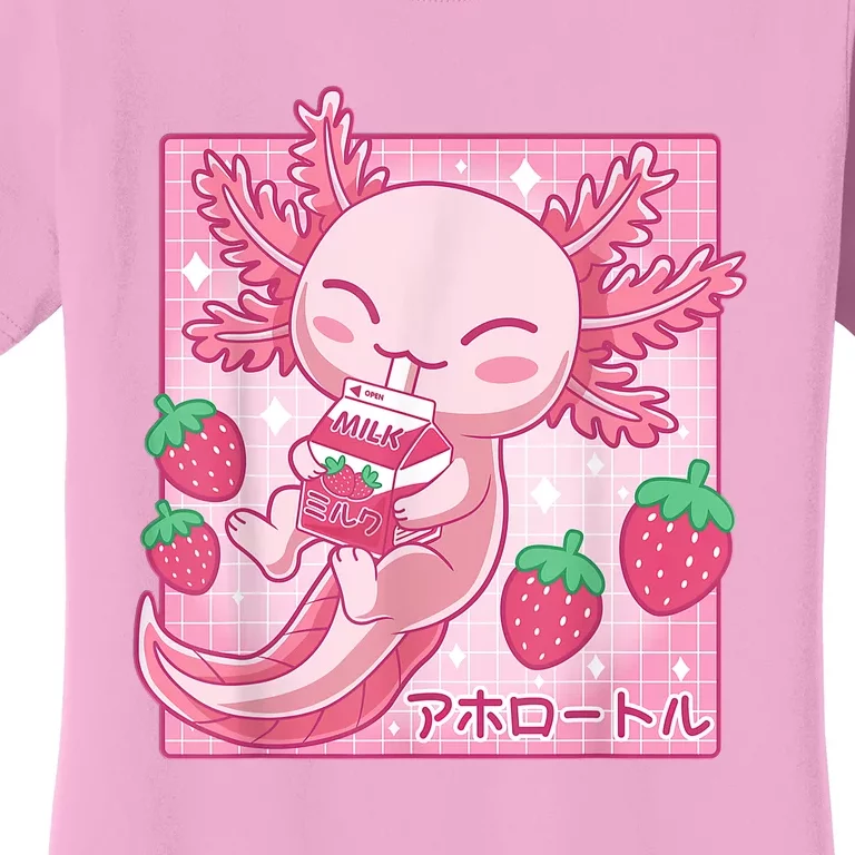 Kawaii Axolotl Strawberry Milk Shake Carton Japanese Anime Women's T-Shirt