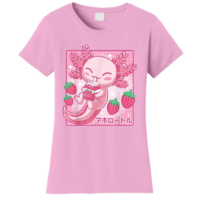 Kawaii Axolotl Strawberry Milk Shake Carton Japanese Anime Women's T-Shirt