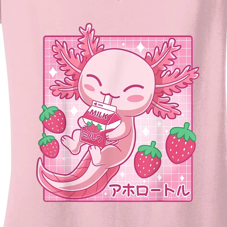 Kawaii Axolotl Strawberry Milk Shake Carton Japanese Anime Women's V-Neck T-Shirt