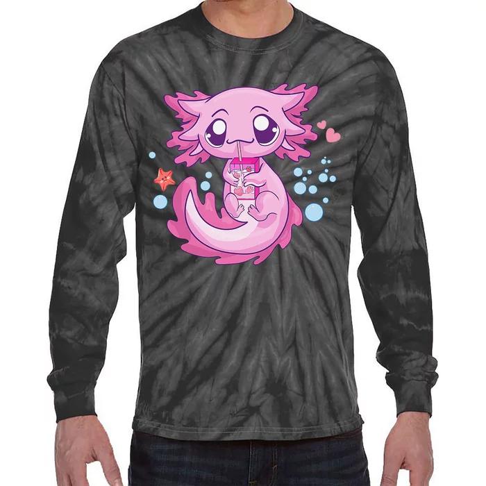 Kawaii Axolotl Strawberry Milk Shake Anime Tie-Dye Long Sleeve Shirt