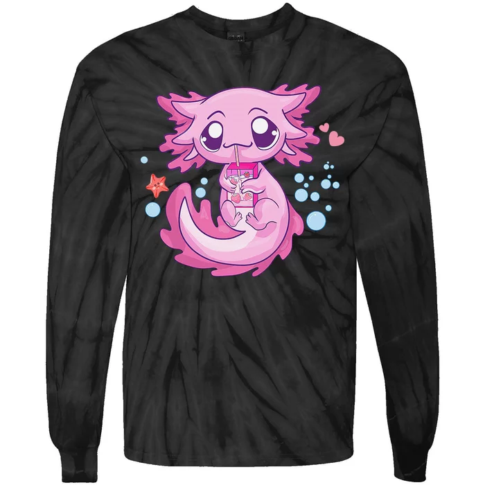 Kawaii Axolotl Strawberry Milk Shake Anime Tie-Dye Long Sleeve Shirt