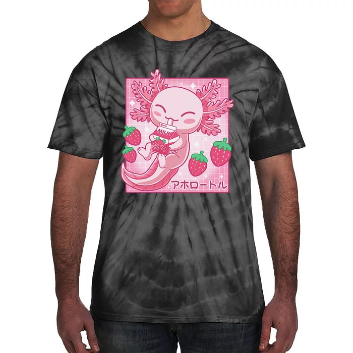 Kawaii Axolotl Strawberry Milk Shake Carton Japanese Anime Tie-Dye T-Shirt