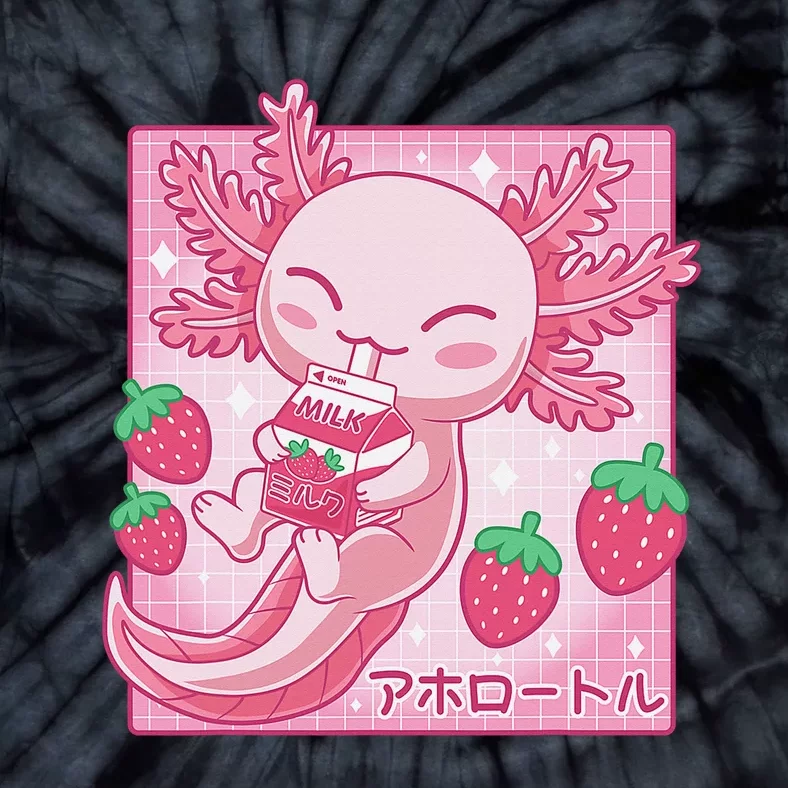 Kawaii Axolotl Strawberry Milk Shake Carton Japanese Anime Tie-Dye T-Shirt