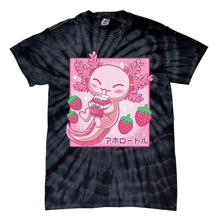 Kawaii Axolotl Strawberry Milk Shake Carton Japanese Anime Tie-Dye T-Shirt