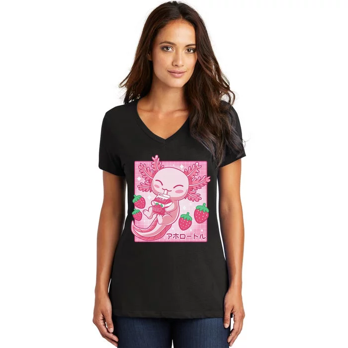 Kawaii Axolotl Strawberry Milk Shake Carton Japanese Anime Women's V-Neck T-Shirt