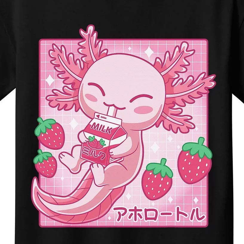 Kawaii Axolotl Strawberry Milk Shake Carton Japanese Anime Kids T-Shirt