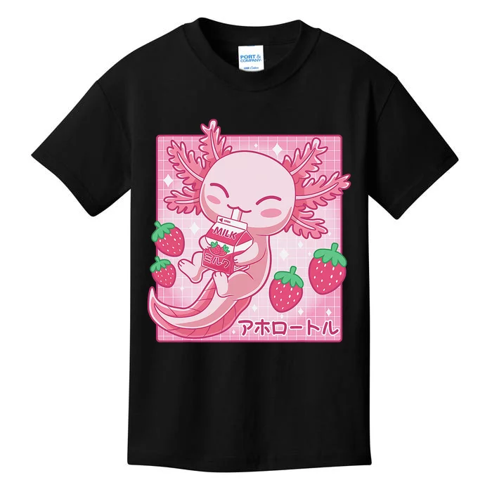 Kawaii Axolotl Strawberry Milk Shake Carton Japanese Anime Kids T-Shirt