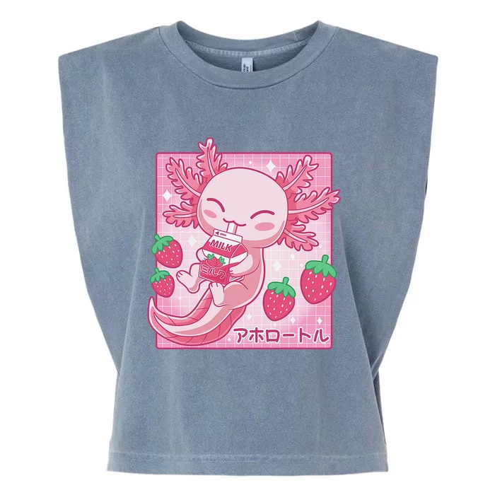 Kawaii Axolotl Strawberry Milk Shake Carton Japanese Anime Garment-Dyed Women's Muscle Tee