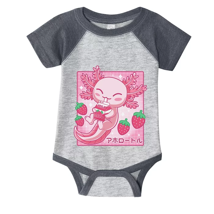 Kawaii Axolotl Strawberry Milk Shake Carton Japanese Anime Infant Baby Jersey Bodysuit