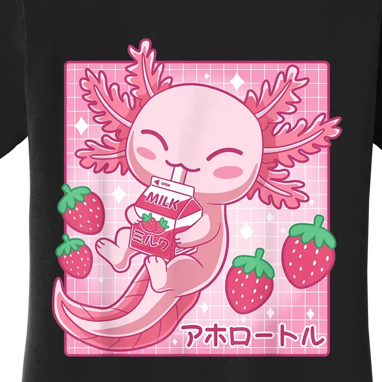 Kawaii Axolotl Strawberry Milk Shake Carton Japanese Anime Women's T-Shirt