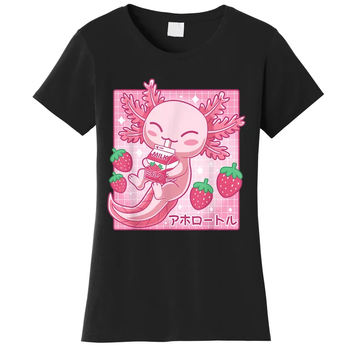 Kawaii Axolotl Strawberry Milk Shake Carton Japanese Anime Women's T-Shirt